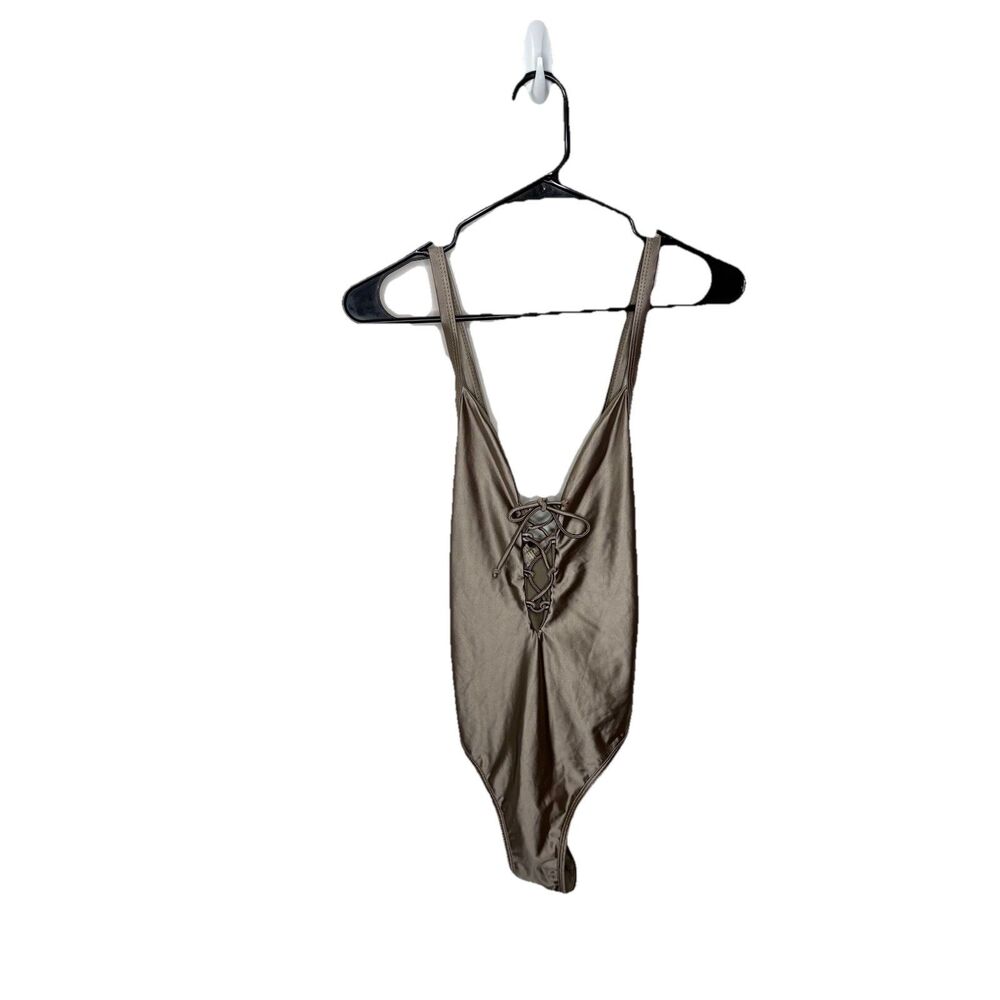 Yira Satin Beige Lace-Up One-Piece Swimsuit Size Small Adjustable Straps